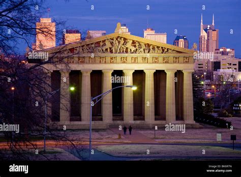 Parthenon Replica In Nashville Tennessee With Skyline Behind Stock