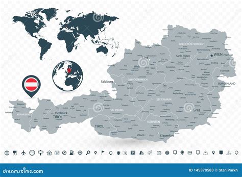 Austria Map And World Map Isolated On Transparent Background Stock