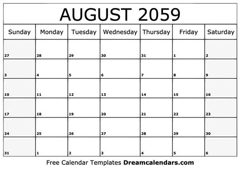 August 2059 Calendar Free Blank Printable With Holidays
