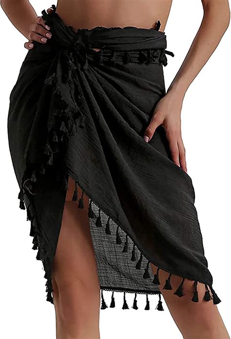 Amazon Com Women Short Sarongs Beach Wrap Skirt Solid Color Printed Semi Sheer Tassel Bikini