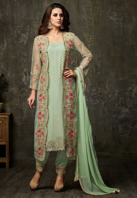 Buy Embroidered Georgette Pakistani Suit In Pastel Green Online