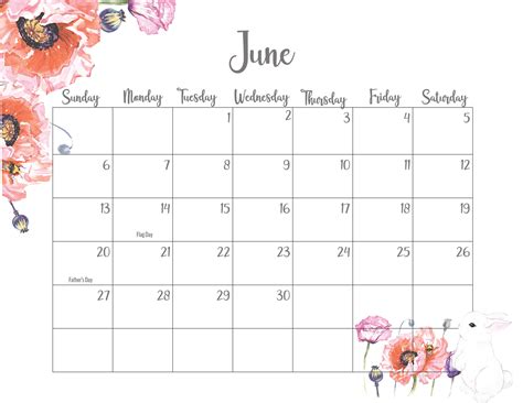 Floral June 2021 Calendar Printable Cute Designs