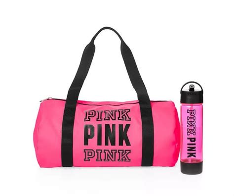 Victorias Secret Pink Gym Travel Pink Duffle Bag Water Bottle Duo New