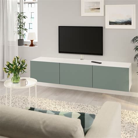 BESTÅ TV unit with doors white Notviken gray green 70 7 8x16 1 2x15