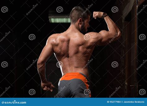 Muscular Model Flexing Back Muscles Pose Stock Photo Image Of Biceps