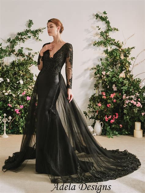 Black Mermaid Gothic Wedding Dress With Detachable Train Adela Designs
