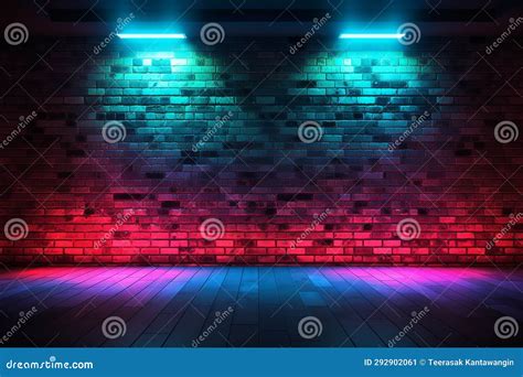 Modern Futuristic Neon Lights On Old Grunge Brick Wall Room Background Stock Illustration