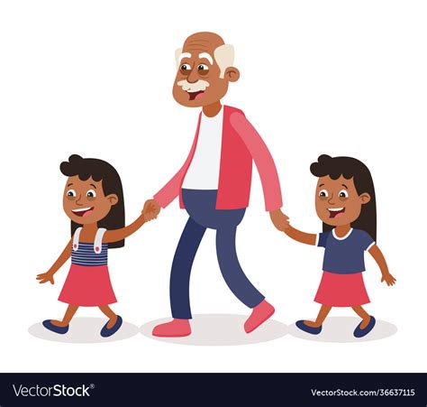 Grandfather And Granddaughters Twins Walking Vector Image