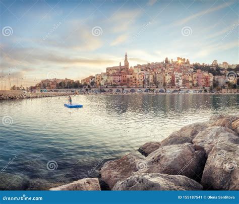 Public Beach Of Menton Old Town At Sunset Stock Image Image Of