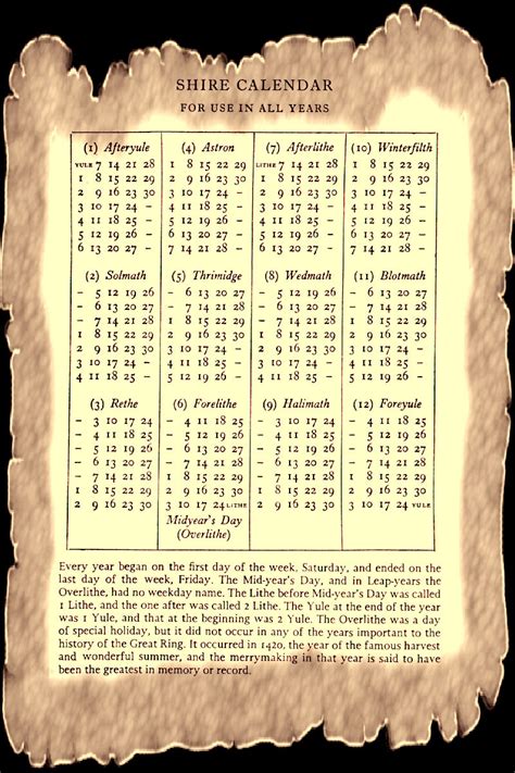 Shire Calendar Jrr Tolkien