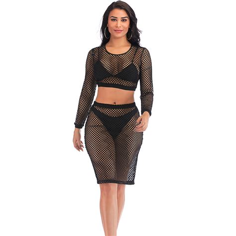 Sexy Sheer Black Mesh Long Sleeves Round Neckline Crop Top And Skirt