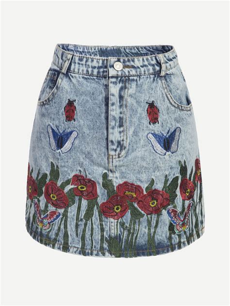 Shop Floral Butterfly Embroidered Denim Skirt Online Shein Offers
