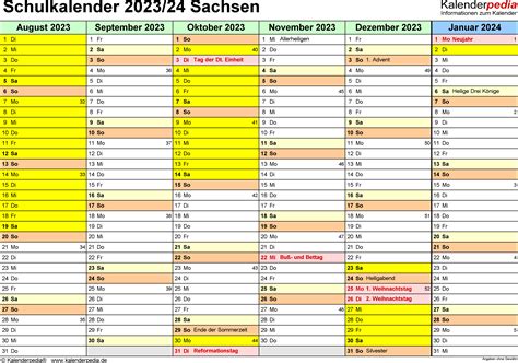 Schulkalender 20232024 Sachsen Für Word