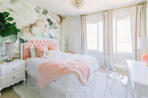 Girly pink teen girls bedroom design with chocolate brown velvet headboard with pink piping white nightstand. Interior Design Portfolio | Nursery Design | Little Crown ...