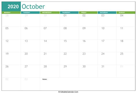 Editable Calendar October 2020