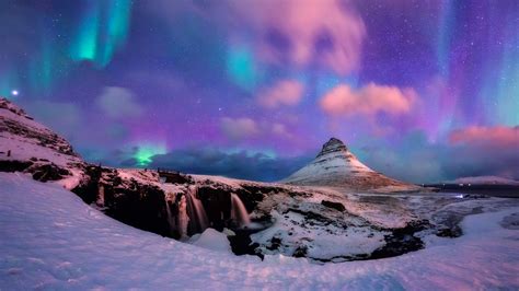 Aurora Borealis Or Northern Lights Over Kirkjufell Mountain