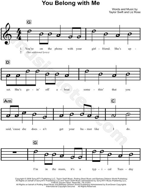 Taylor Swift You Belong With Me Sheet Music For Beginners In C Major