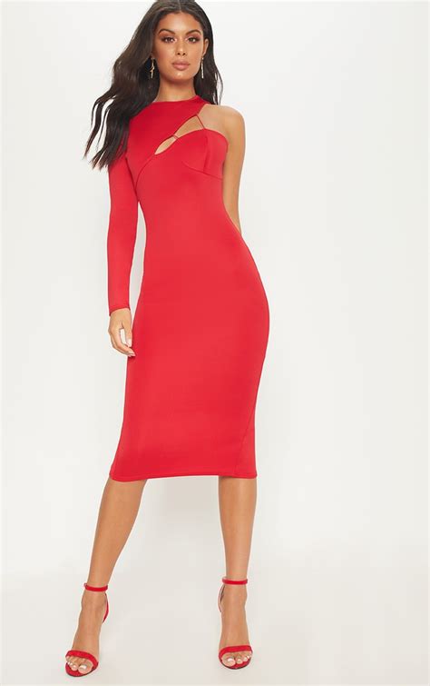 red asymmetric sleeve midi dress dresses prettylittlething