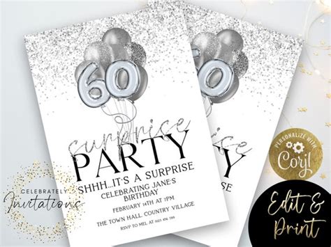 Surprise 60th Birthday Invitation Download Silver Balloons Glitter