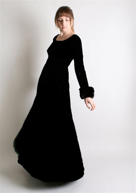Vintage Black Maxi Dress With Fur Cuffs Morticia Addams Etsy Black