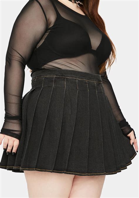 Plus Size Denim Pleated Mini Skirt Black Dolls Kill