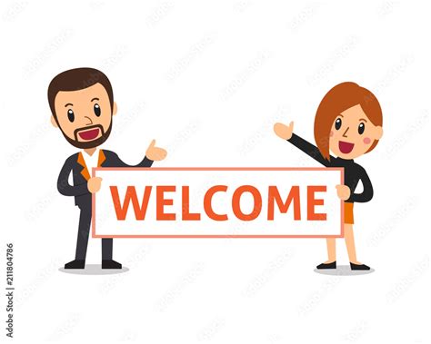 Vector Cartoon Business People Holding Welcome Sign For Design Stock