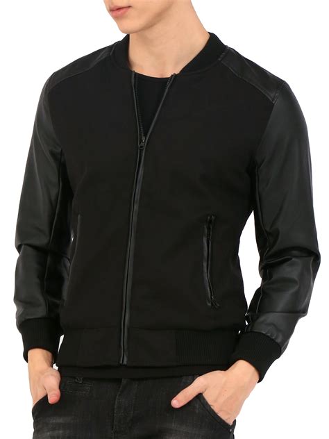 Men Fashion Rib Knit Collar Long Sleeve Leather Splice Jacket - Walmart ...