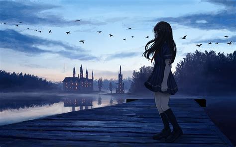 Download 1440x900 Wallpaper Sunset Anime Girl Dock Reflections