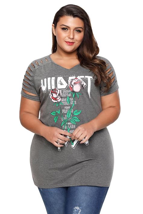 Grey Print Ripped Dark Shoulders Slogan T Shirt Plus Size With Plus Size Clothing Online Plus