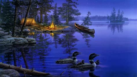 Night Star Forest Lake Ducks Boat Bonfire 4k Wallpaper
