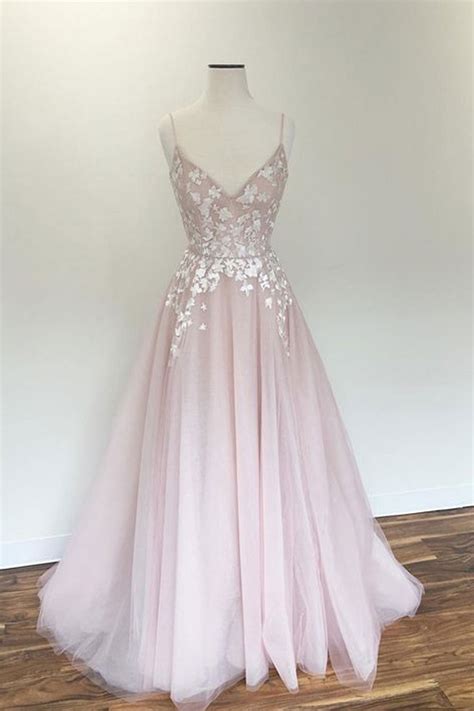 Light Pink V Neck Tulle Applique Long Prom Dress Pink