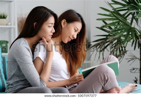 Lgbt Young Cute Asian Lesbian Couple Happy Moment Homosexual Lesbian