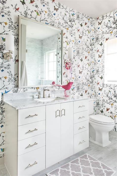 Whimsical Kids Bathroom With Birds And Butterflies Wallpaper