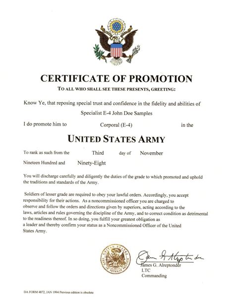 United States Army Nco Promotion Certificate Military Certificates