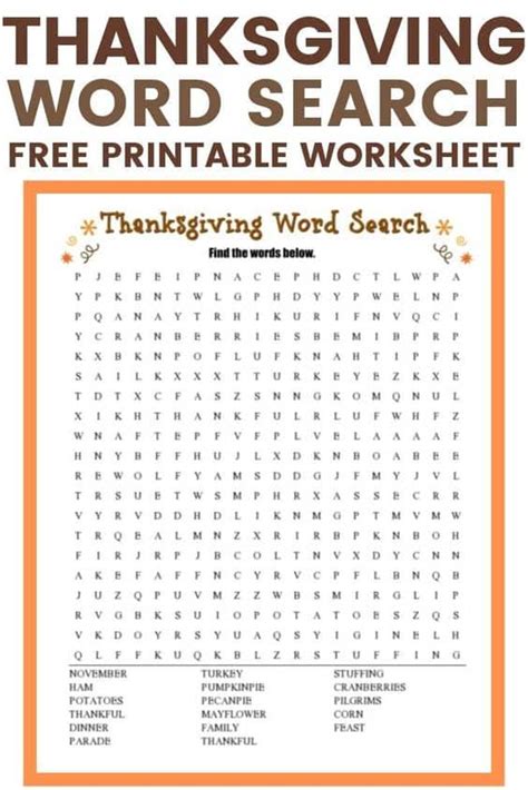 Thanksgiving Word Search Free Printable Worksheet