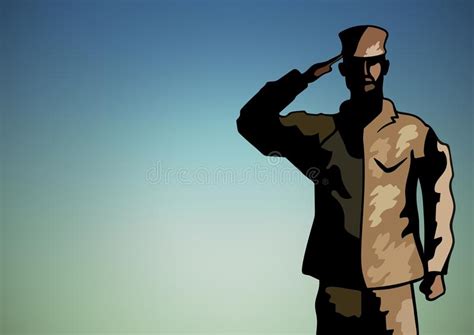 Cartoon Soldier Saluting Against Blue Green Background Stock