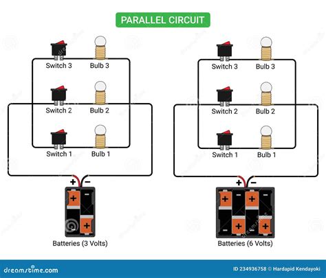 Parallel Circuit With 3 Bulbs And 3 Switches Stock Vector