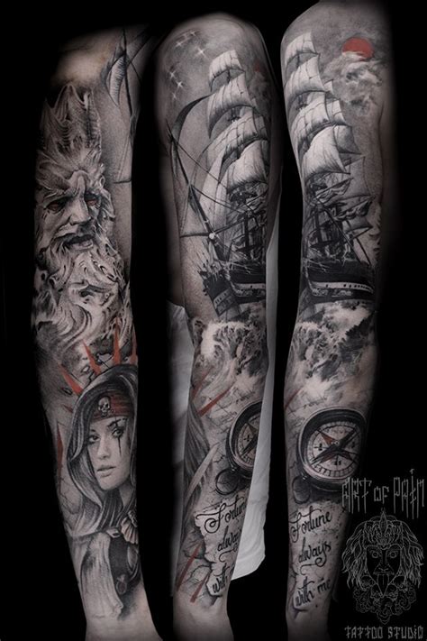 Татуировка мужская реализм тату рукав морской корабли пираты Эскиз