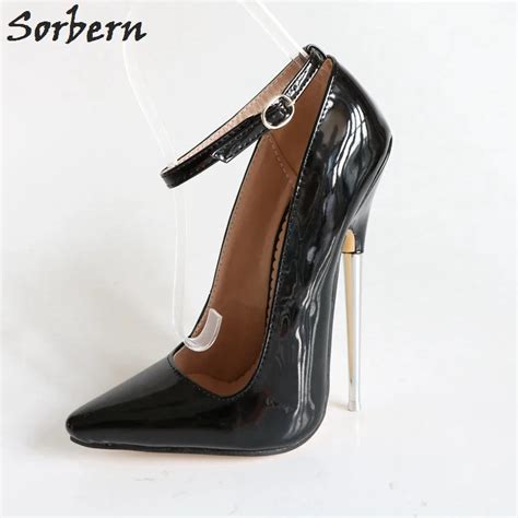 sorbern black shiny ankle straps pointed toe spike metal high heels 18cm sexy pole dance heels