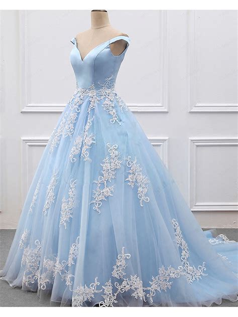 gorgeous light blue off the shoulder ball gown prom dress wedding dress formal gown with lace