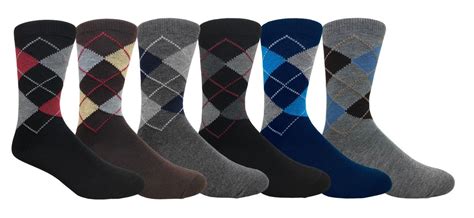 6 Pairs Mens Dress Socks Assorted Design Argyle Print Solid Plain