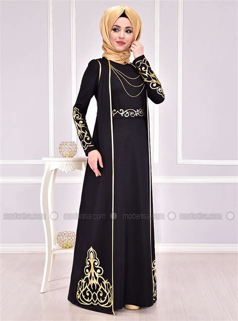 Black Unlined Crew Neck Muslim Evening Dress