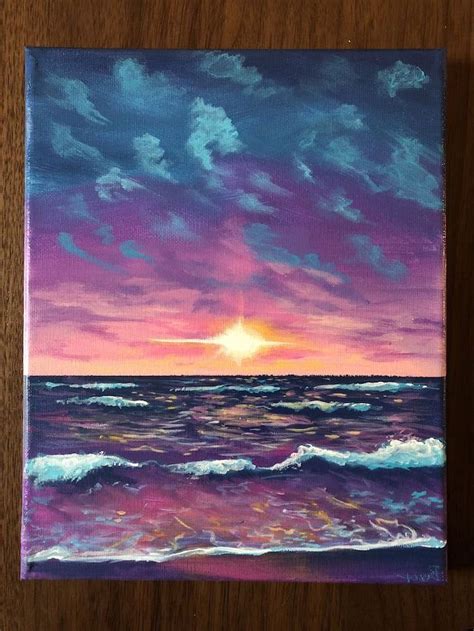 An Acrylic Painting Of A Sunset Over The Ocean