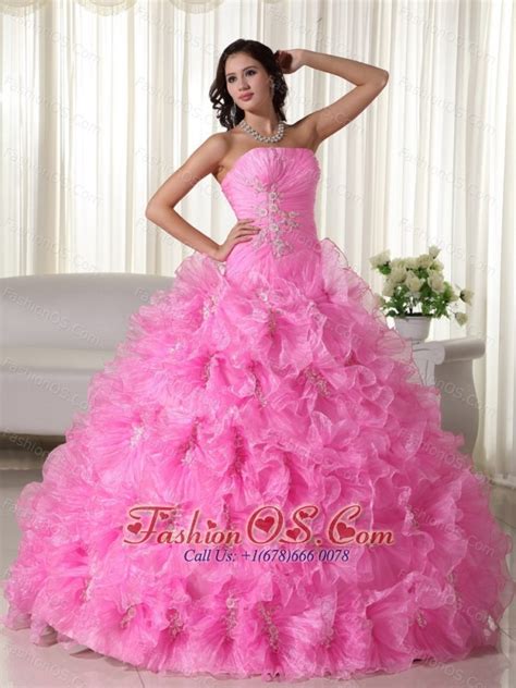 Rose Pink Ball Gown Strapless Floor Length Organza Appliques Quinceanera Dress
