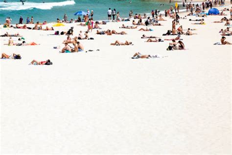 Crowded Beach In Hot Summer Day Bondi Beach Sydney Australia Stock