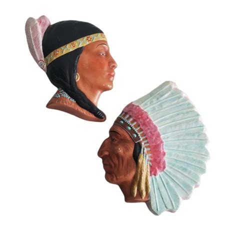 Vintage Native American Indian Chief Painted Chalkware Wall Pair 2450
