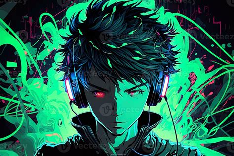 Generative Ai An Neon Gamer Anime Fashion Boy Or Man Wearing Headphones