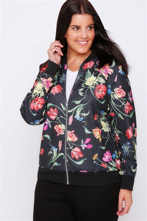 Black And Multi Floral Print Textured Bomber Jacket Plus Size 16 To 36