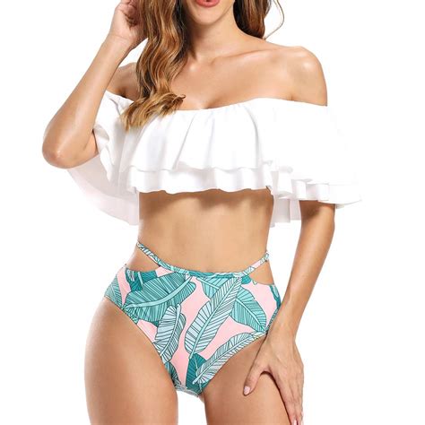 Buy Dixperfect Women S Ruffle Off The Shoulder Bandeau Two Pieces