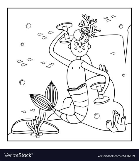 Coloring Book Seascape Cartoon Mermaid Boy Vector Image